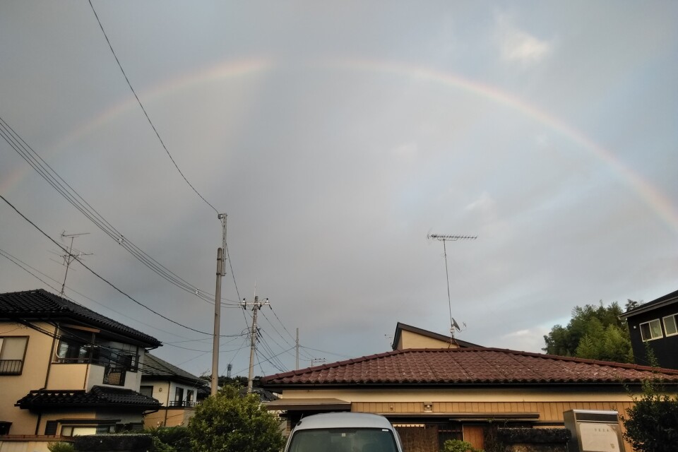 トリプルの虹見上げる日暮れ